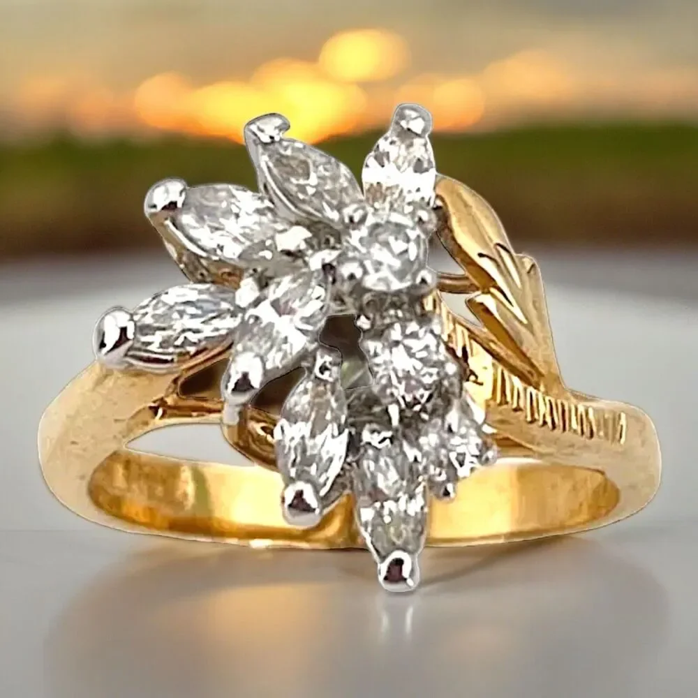 Vintage 1970s Ring Size 6 CZ Floral Spray 14KT Gold Plate - 14Q
